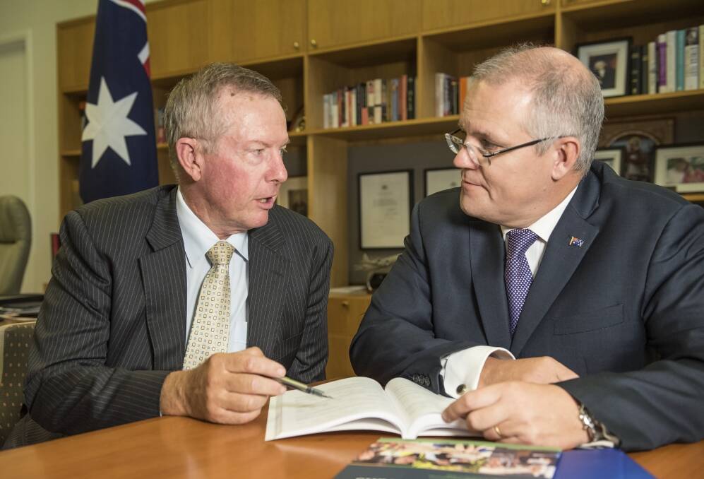 TALKING BUSINESS: Parkes MP Mark Coulton and Treasurer Scott Morrison, discuss the federal budget which includes $8.4 billion for the inland rail project.