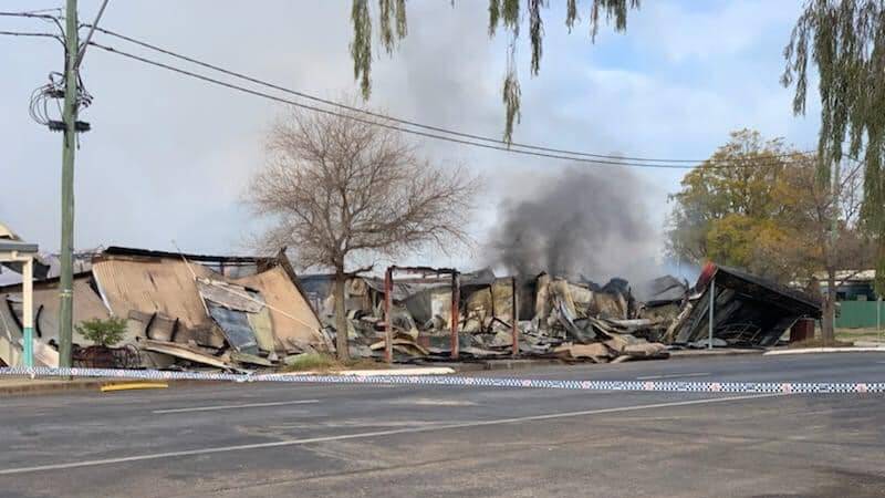 The burnt rubble of the three stores that were destroyed by Tuesday night's blaze. Photo: NSW SES