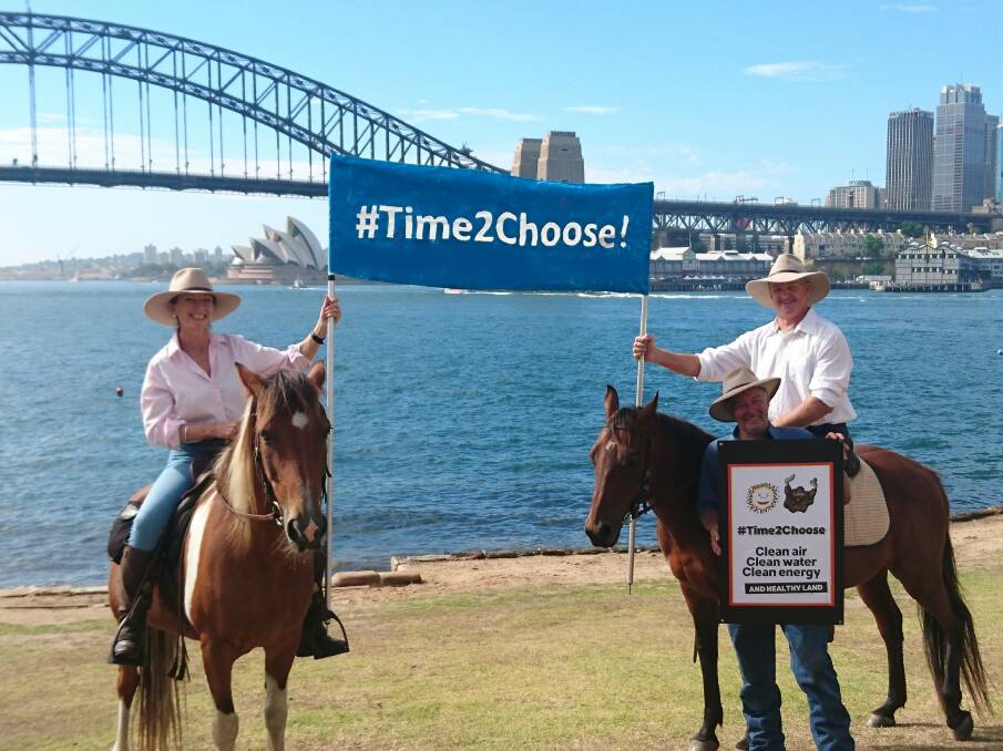 Liverpool Plains farmer Nicky Chirlian and Inverell farmer Glenn Morris will ride their horses in the #Time2Choose rally in Sydney on Saturday. Photo: Supplied
