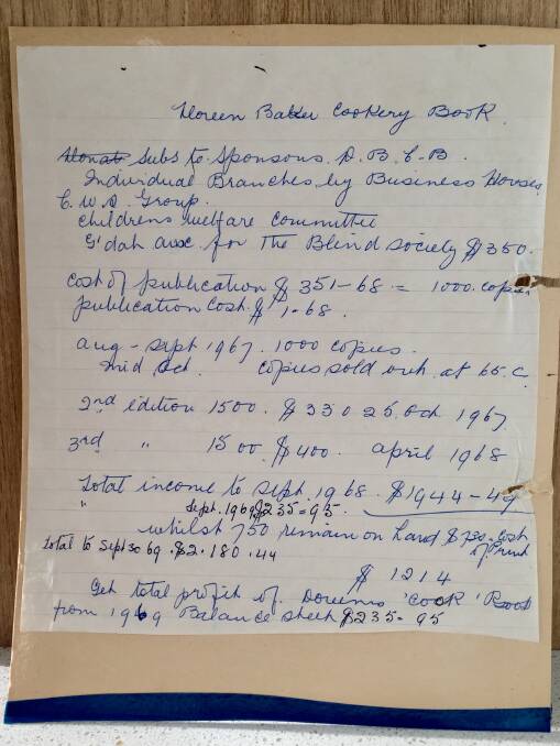 Handwritten notes on the sale of The Doreen Baker Cookery Book.