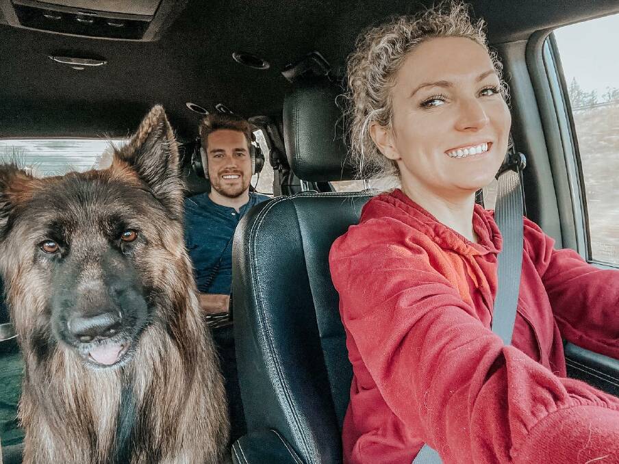 Katrina Burgoyne with her fiancee Steve Kinney and their dog Eli. 