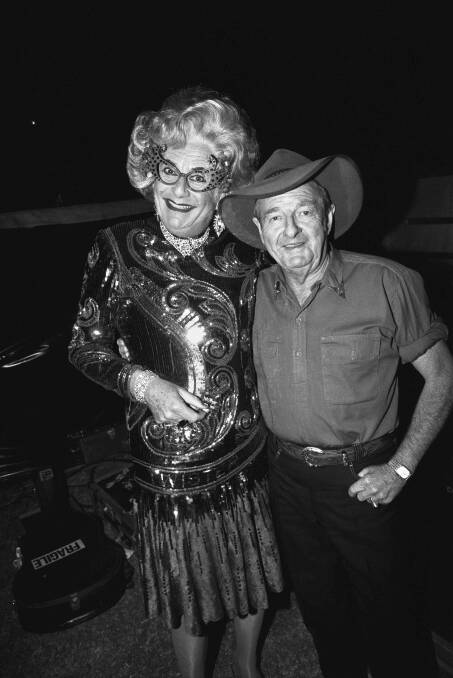 COUNTRY IN LIGHTS: Slim Dusty and Dame Edna Everage, Carlton Hill Station, WA, 10 July 1993. Photo: Supplied
