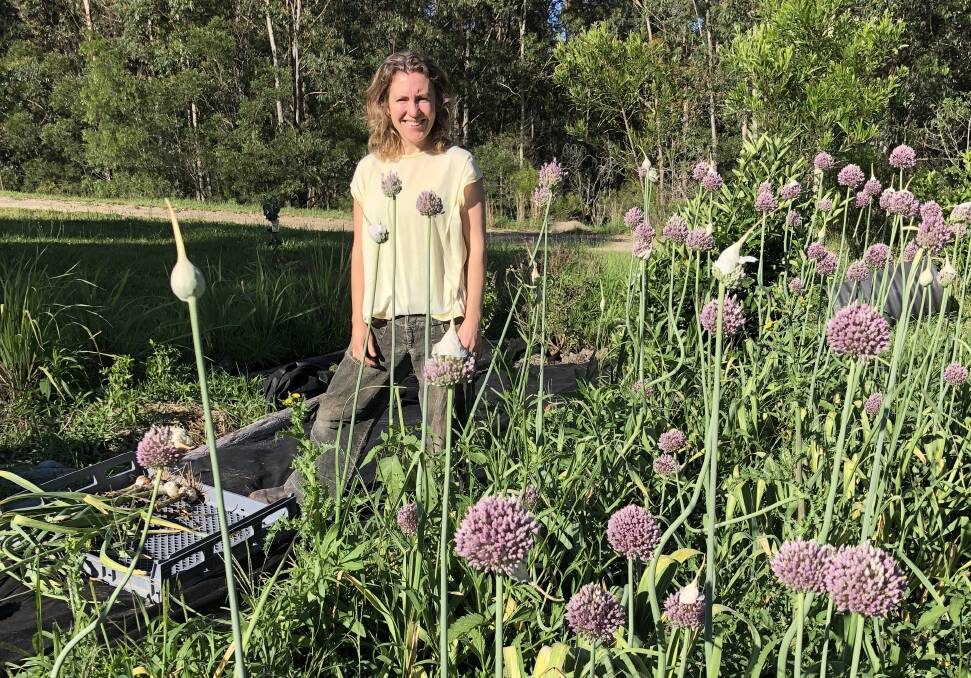 Jemma tending to the garlic crop which grows on the property in the foothills of Barrington Tops National Park. Photo supplied.