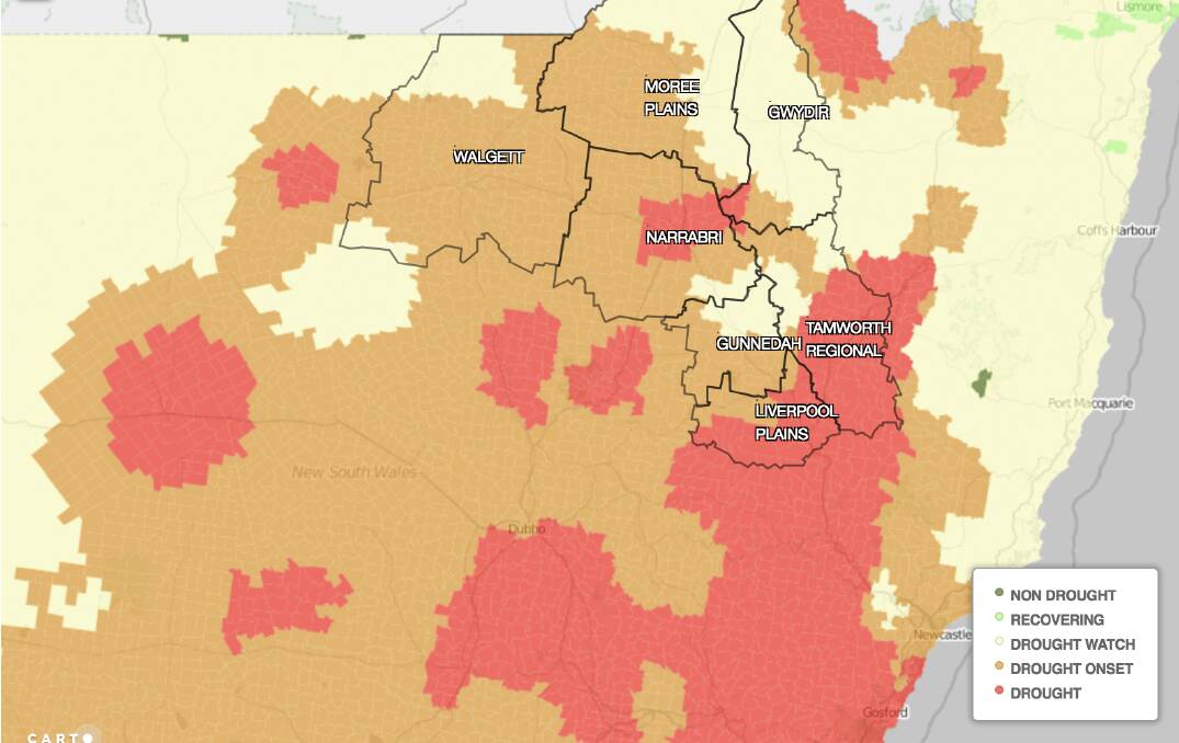 DROUGHT: 70 per cent of the North West is in drought, or at the onset of drought. Source: NSW government Combined Drought Indicator (June 2018).