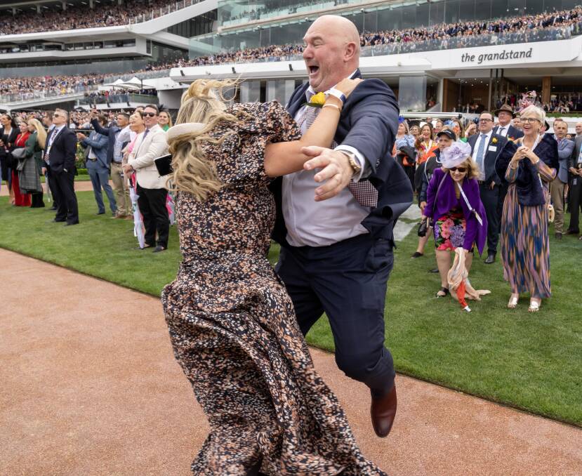 Todd Buckingham and sister Nicole Green celebrate after Gold Trip won the Melbourne Cup on Tuesday. Picture Getty Images 