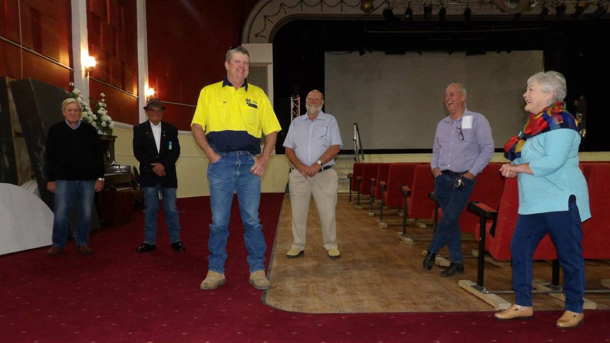 READY: LPSC Councillors Ian Lobsey OAM, Doug Hawkins OAM, local contractor Tim Hoswell, Deputy Mayor Paul Moules, Mayor Andrew Hope and Councillor Virginia Black discussing the newly completed project at the Royal Theatre. Photo: Supplied