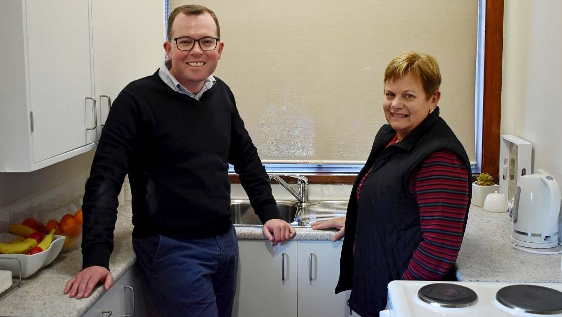 BIG BOOST: Moree's Moreena Units Trust chair Loraine Bartel and Northern Tablelands MP Adam Marshall inspect one of the new kitchens at the Moreena Units in 2019.
