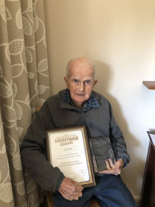 Kenneth Russell, the winner of the Warren Newman Memorial award from the Tamworth Regional Heritage Awards with his certificate and trophy.