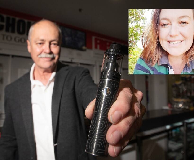 VAPING CONVERSATION: Tobacconist Grahame Cook and Tamworth Vaper Kate McGrath weigh in on postponed vaping ban. Photo: Pete Hardin; Inset: Supplied