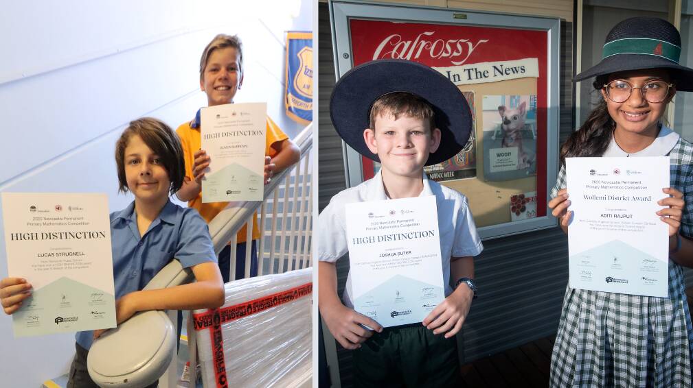 TOP OF DISTRICT: Lucas Strugnell and Oliver Burrows from Tamworth Public School (left, photo: Jacinta Dickins) and Joshua Suter with Aditi Rajput from Calrossy Anglican School (right, photo: Peter Hardin) have been named as district winners in Newcastle Permanent's annual maths competition.