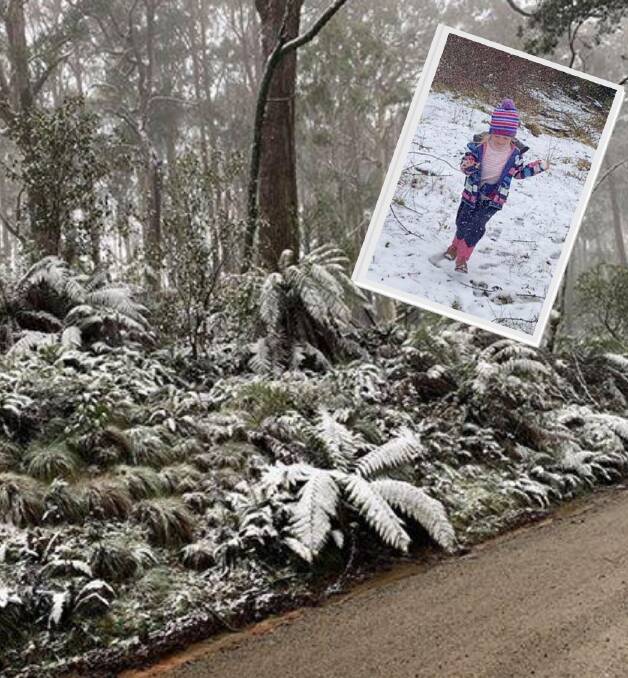 HANGING ROCK: Fabian Norrie sent in photos of snow dusting the forrest at Hanging Rock, with Stacey Ballantine sending in a snap of Ava Ballantine having a blast.