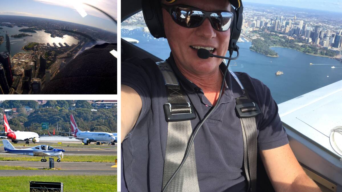 APPROVAL: The pair were given rare approval to do a low orbit of the Sydney harbour, and the pilot's view can't compare to commercial plane windows. Photos: Supplied
