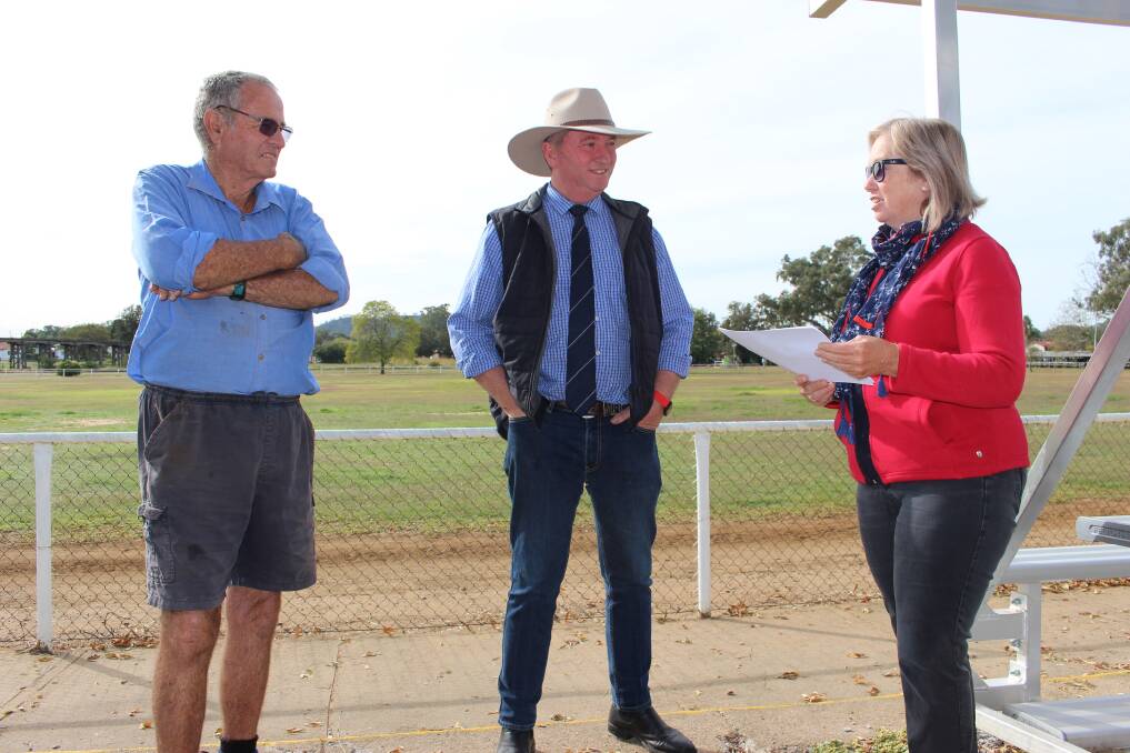 BRAND NEW: MP Barnaby Joyce at Manilla Showgrounds with local councillor Jim Maxwell and Manilla Show Societys LouEllen Overton on announcement of the funding.