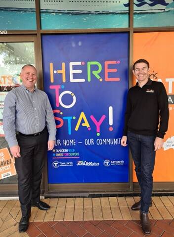 #TAMWORTHPROUD: Tamworth Business Chamber president Jye Segboer and Chris Watson from Chris Watson Travel are spearheading the 'HERE TO STAY' campaign. 