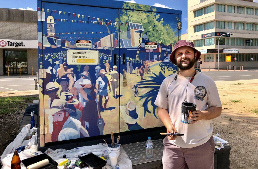 INSPIRED: Local artist Danny Stanley is putting the finishing touches on the last electrical substation mural in Bicentennial Park. Photo: Supplied
