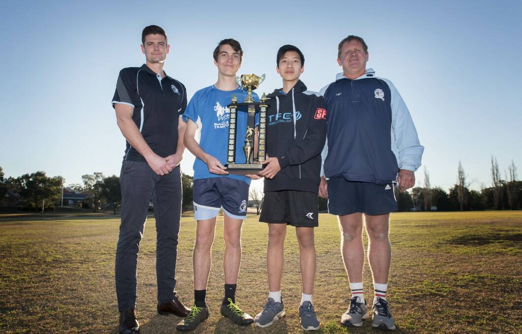 UP FOR GRABS: Tamworth FC's Kurt Barrow, Ben Nelson, Nguyen Nguyen and Greg Bartlett will be looking to retain the Dan Haslam Memorial Trophy on Saturday. Photo: Peter Hardin 010819PHF004 