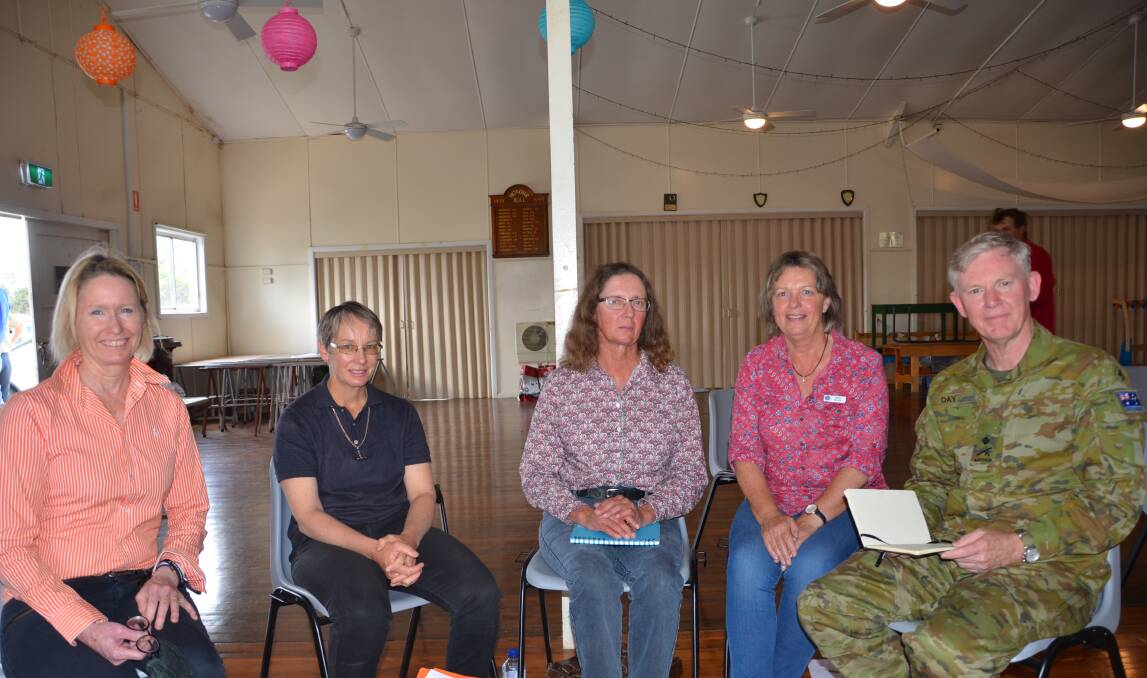 RETURN: Major-General Stephen Day sits down with members of the Mullaley community to discuss the government's drought strategy. Photo: Billy Jupp 