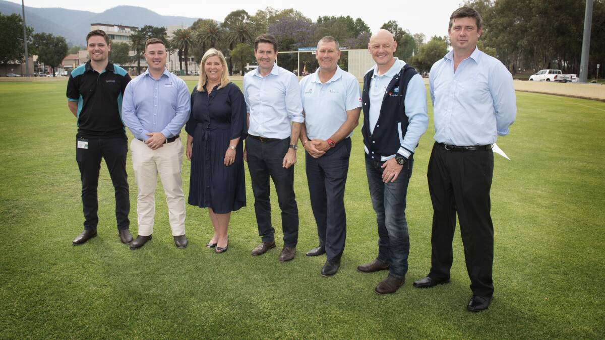 CASH SPLASH: Ryan Dwight, Matthew Milne, Bronnie Taylor, Kevin Anderson, Phil Emery, Duncan Kerr and Ben Middlebrook welcome the announcement of the Baggy Blues tour and the new mental health funding. Photo: Peter Hardin 