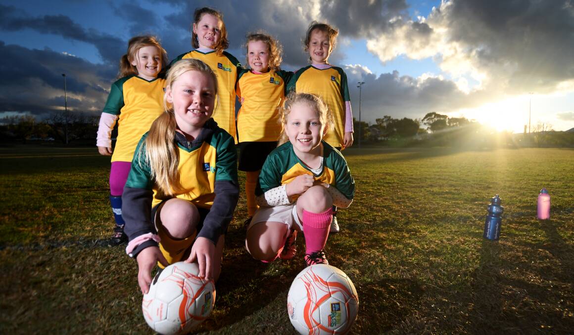HAVING A BALL: Caitlin Rodd, Meg Attard, Morgan Attard, Lily Porter, Maggie Attard and Lidia Hickey take to Gipps Street playing fields for the first Aldi Mini Roos clinic. Photo: Gareth Gardner 030619GGD01 