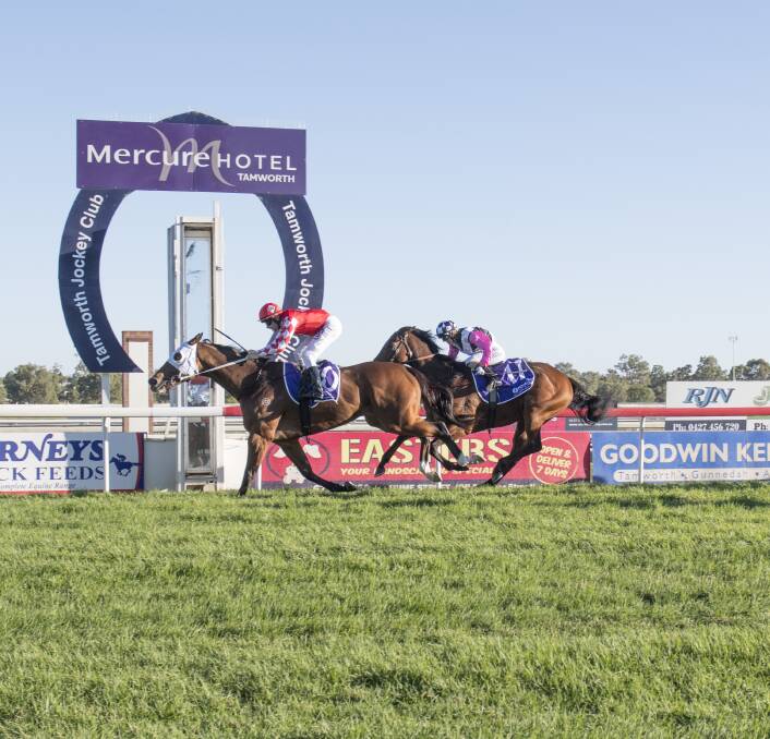 BIG WIN: Unbiased storms home to win the 2019 Tamworth Cup. Next year's race will now be worth $200,000 thanks to a boost in prize money from Racing NSW. Photo: Peter Hardin 280419PHE019 