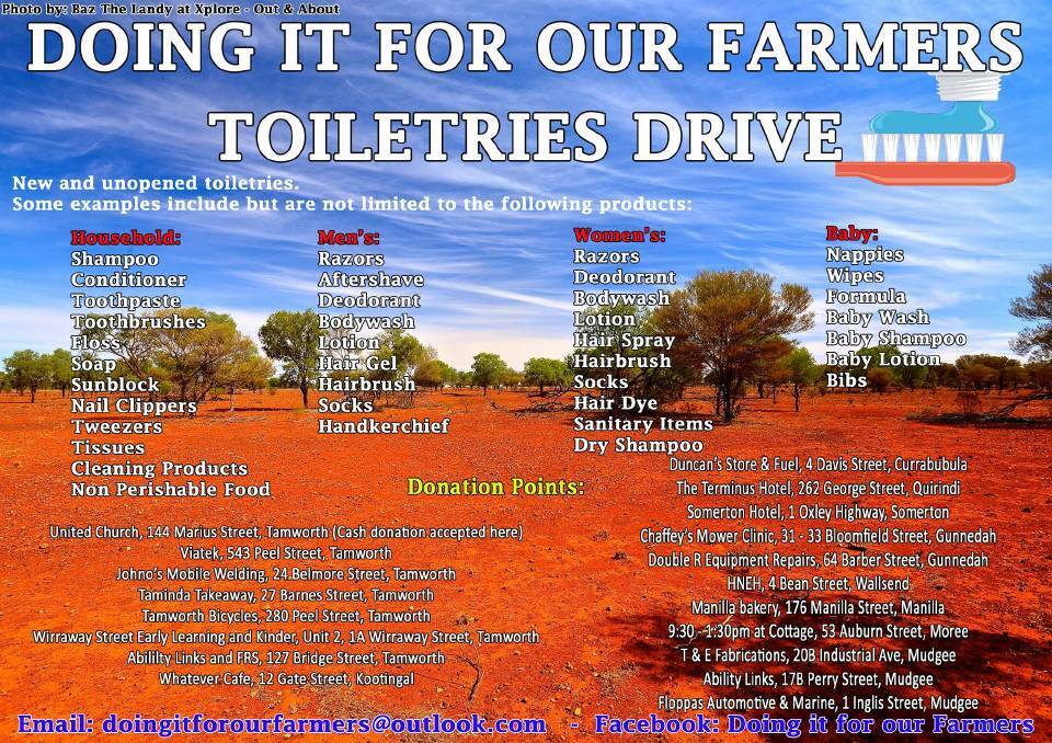 PITCHING IN: Locals can do their bit for drought stricken farmers by donating toiletries at one of several drop-off points around the state. Photo: Supplied 