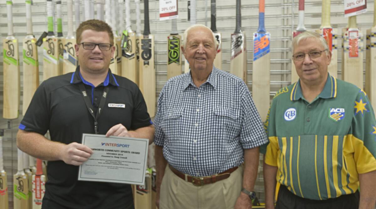 TOP HONOUR: Intersport Tamworth's Ricky Craig and Bob Barber (left) present Doug Crowell with the community sports award for December. Photo: Billy Jupp 