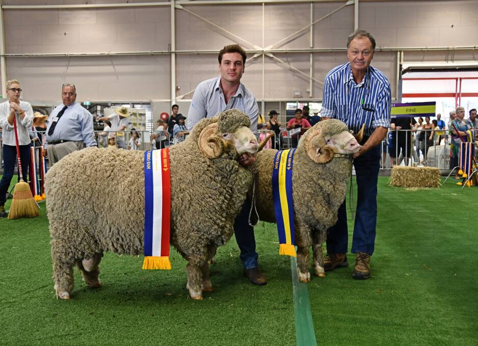 Angus and George Merriman, Merryville Merinos, Boorowa, celebrated taking out the grand and reserve champion superfine rams. Photo: Billy Jupp 