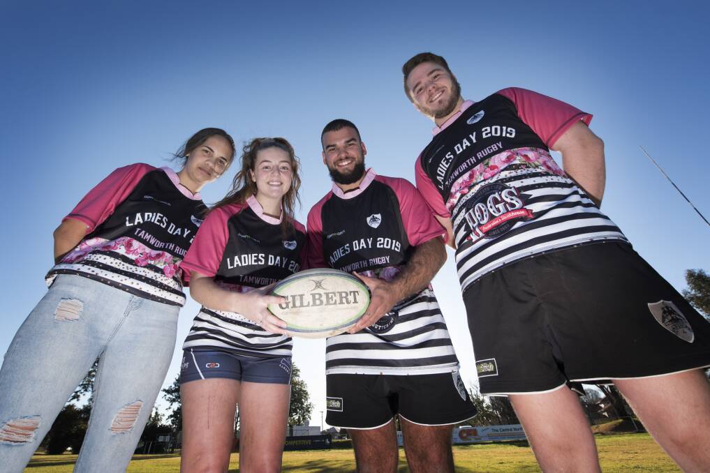 EMPOWERMENT: Magpies' players Courtney Peters, Grace Salter, Blake Clout and Alex Barrett are preparing for the club's annual ladies day. Photo: Peter Hardin 230719PHC002 