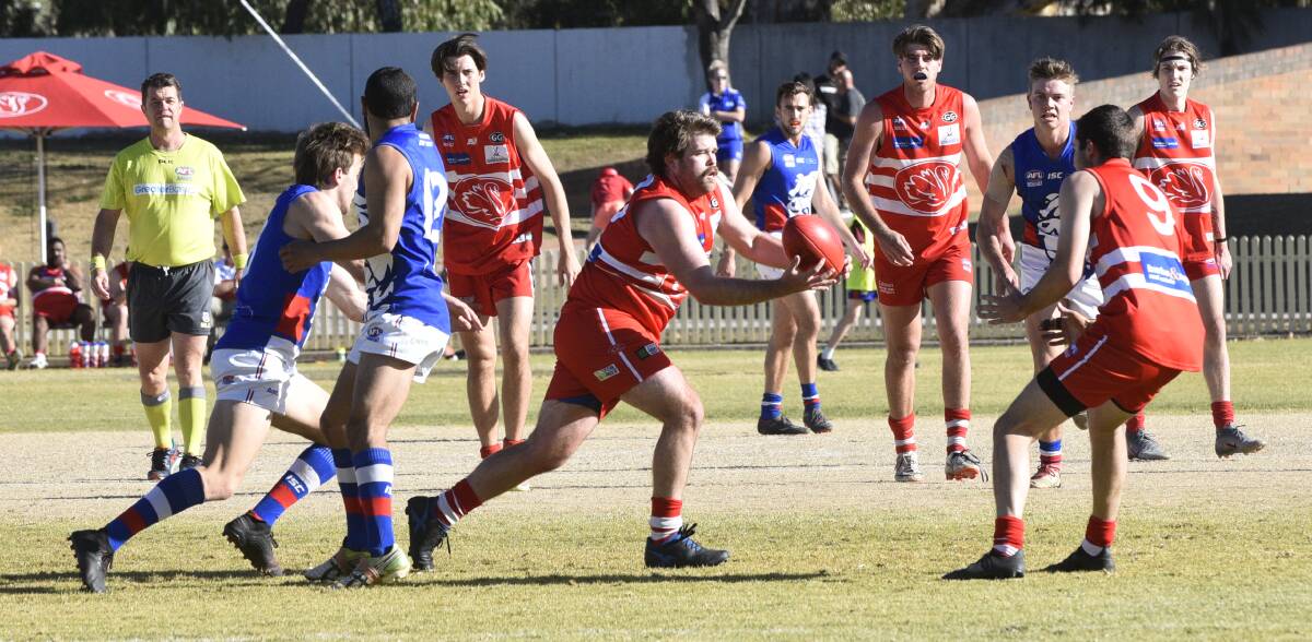 ONE WEEK AT A TIME: Swans midfielder Ben Jaffrey in action during the Swans recent clash with the Gunnedah Bulldogs. Photo: Billy Jupp 