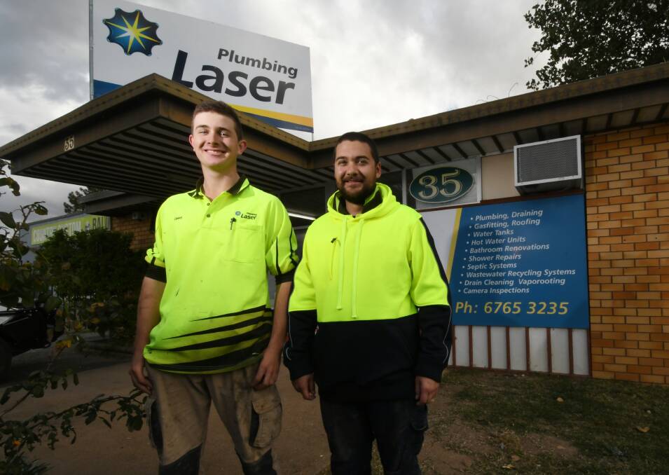 EYE TO THE FUTURE: Tamworth Laser Plumbing's Casey Turner and Jayden Townsend are among the region's young workers undertaking apprenticeships through HVTC. Photo: Gareth Gardner 100720GGD03