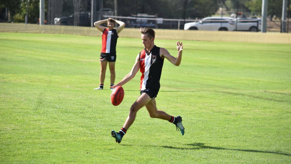 ON THE RISE: Marli Gobbert continued his recent run of good form, kicking five goals in the Inverell Saints win over the New England Nomads. Photo: Ben Jaffrey 