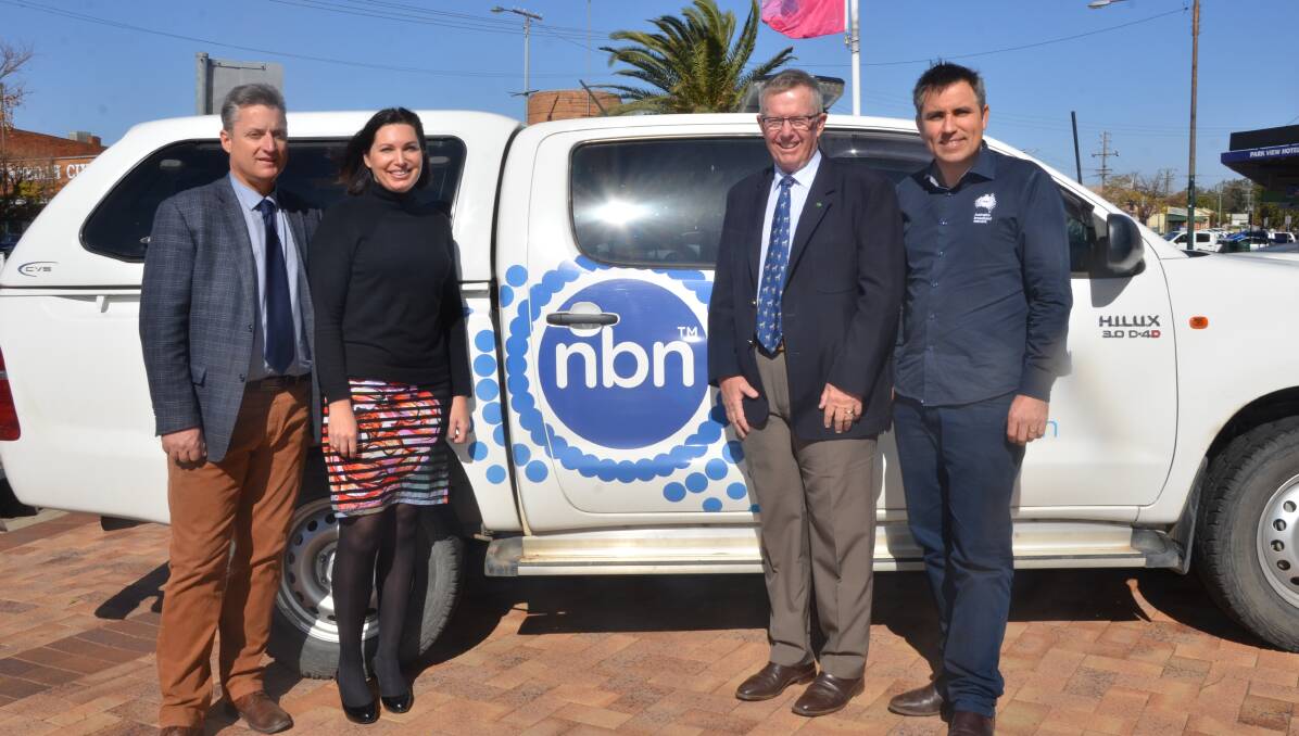 SWITCHED ON: Jamie Chaffey, Stacey Cooke, Mark Coulton and Ian Scott help launch the NBN in Gunnedah on Friday. Photo: Billy Jupp 