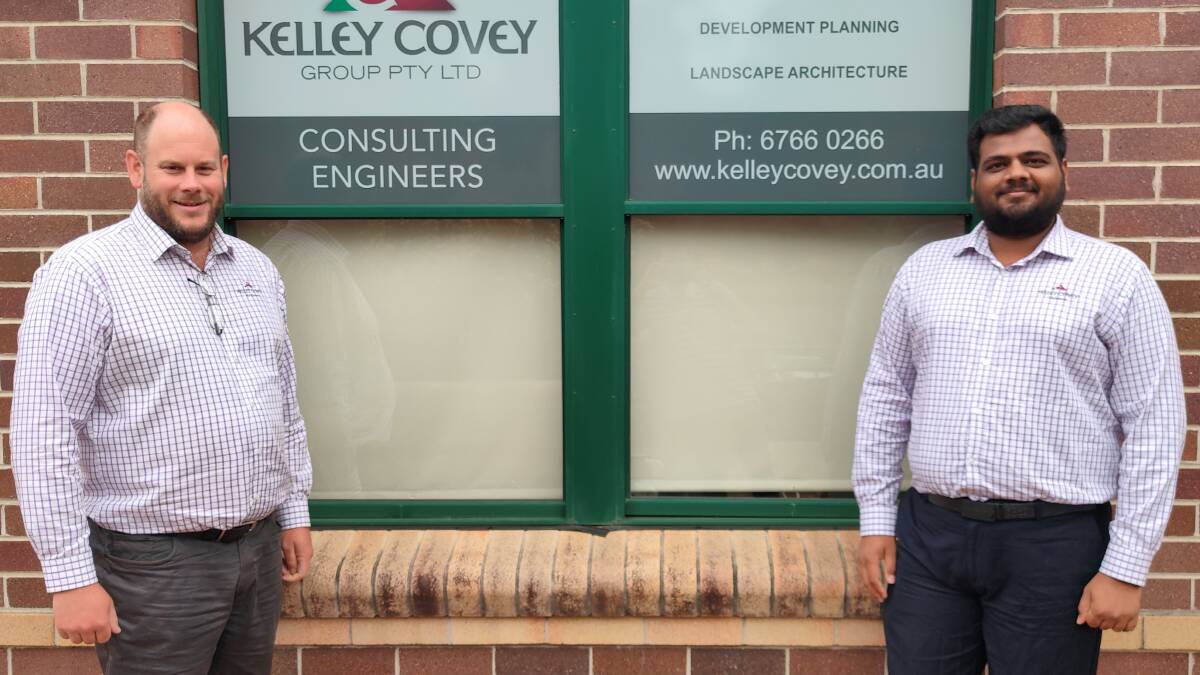 Kelley Covery manager Justin Cant and civil construction engineer Gey Patel outside the new Armidale office.