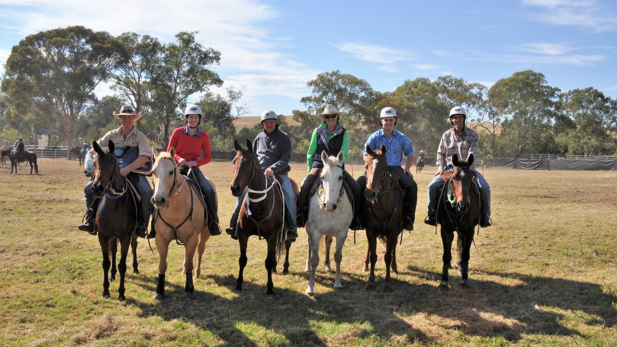 Cut out for competition: Walcha Vets Maiden (from left): First Jackson Noon, second Anna Lowrey, third Ned Clarke, fourth Rhonda Olrich, equal fifth Sam Colewell and Doug Cover. Photo: Amanda Scott