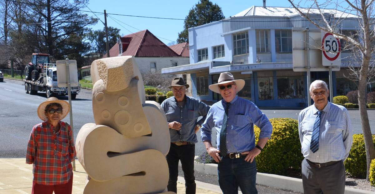 Dunghutti elders Sue and Cyril Green with local sculptor Stephen King and MP Barnaby Joyce on the Walcha Sculpture Soundtrail walk earlier today