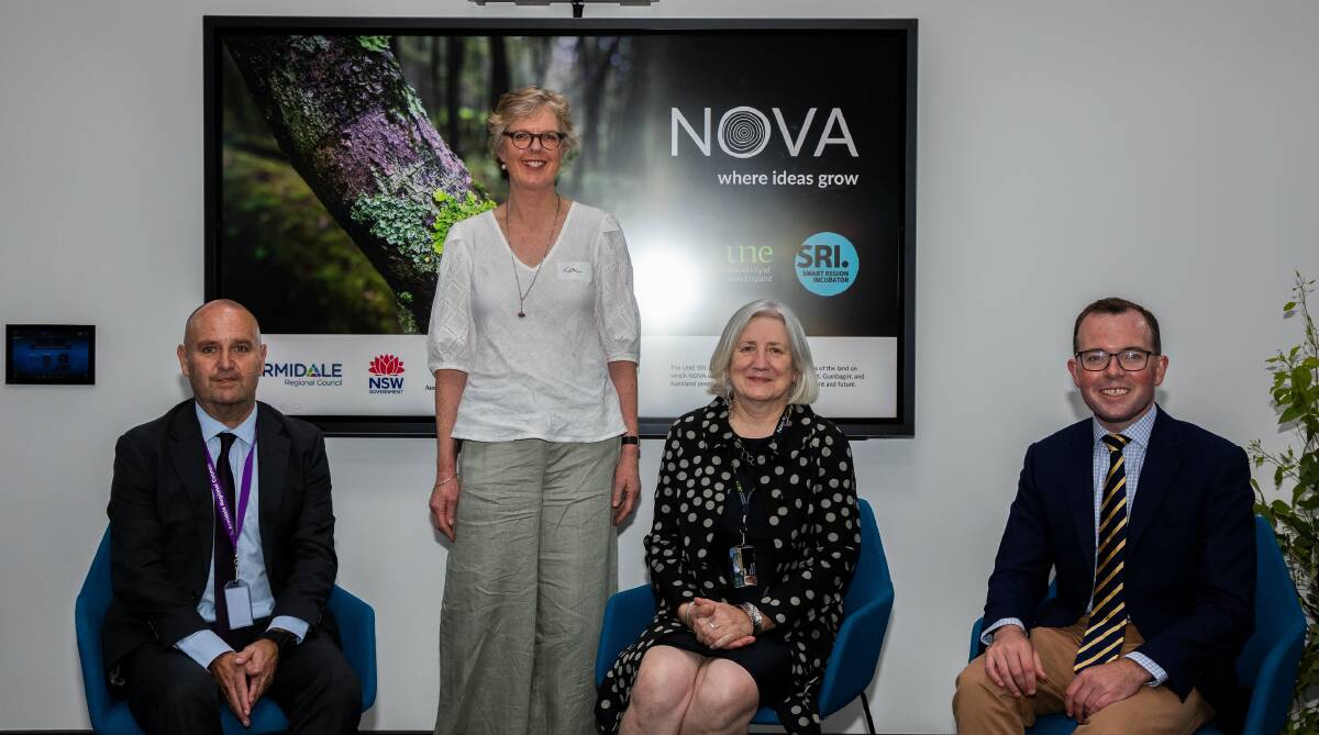 At the opening of the new University of New England Smart Region Incubator NOVA recently, Armidale Regional Council general manager James Roncon, left, NOVA director Dr Lou Conway, University of New England vice chancellor Professor Brigid Heywood and Northern Tablelands MP Adam Marshall. Picture: supplied.