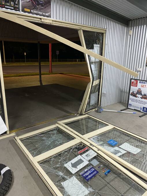 Crime scene: Vince Strang said the front of his Byron Street store was significantly damaged in Monday morning's ram raid. Photo: Supplied