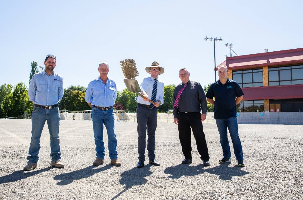 SOD TURNED: Turning the first ceremonial sod of soil today to officially commence construction on the new $7 million Armidale SerVies Motel this morning, Rice Constructions Sam Rice, left, Nick Rice, Northern Tablelands MP Adam Marshall, Armidale SerVies Club CEO Scott Sullivan and Vice President Mark Bullen
