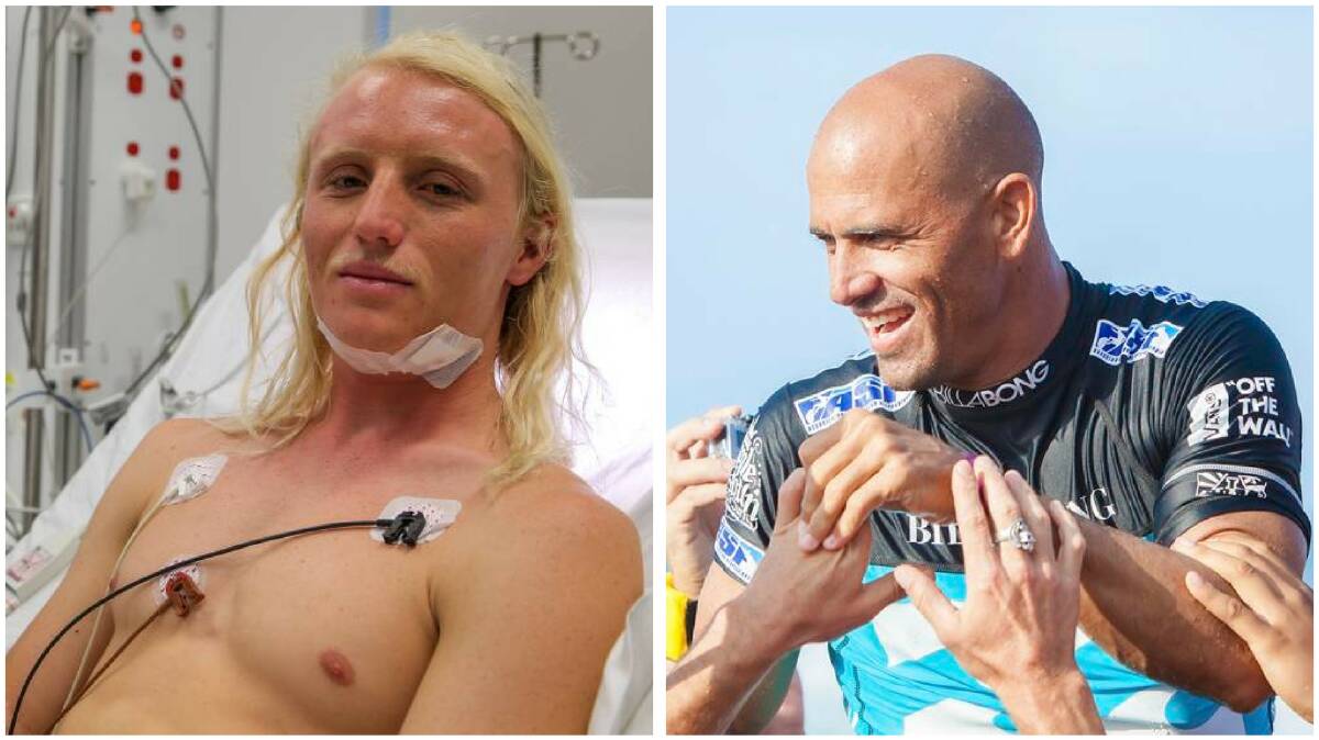 Russell Bierke (left) owes Kelly Slater his life after an accident near Port Campbell. Pics: Rob Gunstone and iStock