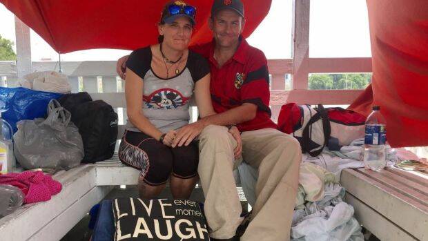 Homeless couple Kylie Rinkin and Allan Holloway in their riverside 'apartment' at Kangaroo Point. Photo: Tony Moore