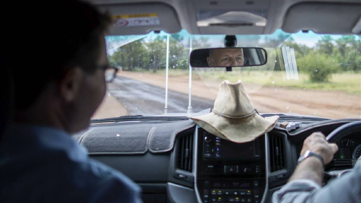 Agriculture and Water Resources Minister David Littleproud and Tambo Mayor Andrew Martin during a drive. Photo: Alex Ellinghausen