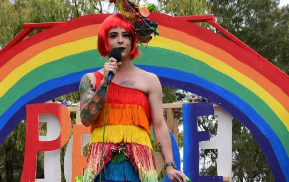 Nicholas Steepe addresses the crowd that took part in the Central West Pride March in Dubbo recently. Photo: PAIGE WILLIAMS