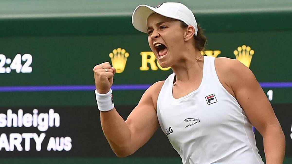 Ash Barty emits a roar of delight after winning her Wimbledon last-16 match with Barbora Krejcikova. 