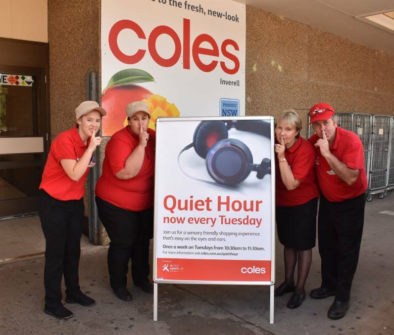 SHHH: Coles staff in Inverell were among the first in Australia to help customers during Quiet Hour - Macarlah Joyce, Melissa Simpson, Bronwyn Hall and Stephen Holland are pictured.