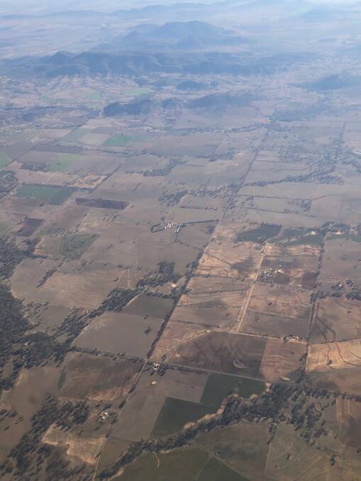 BIG DRY: This photo from the skies above Tamworth at the weekend shows the seriousness of the drought, as volunteers continue Doing It For Our Farmers. 