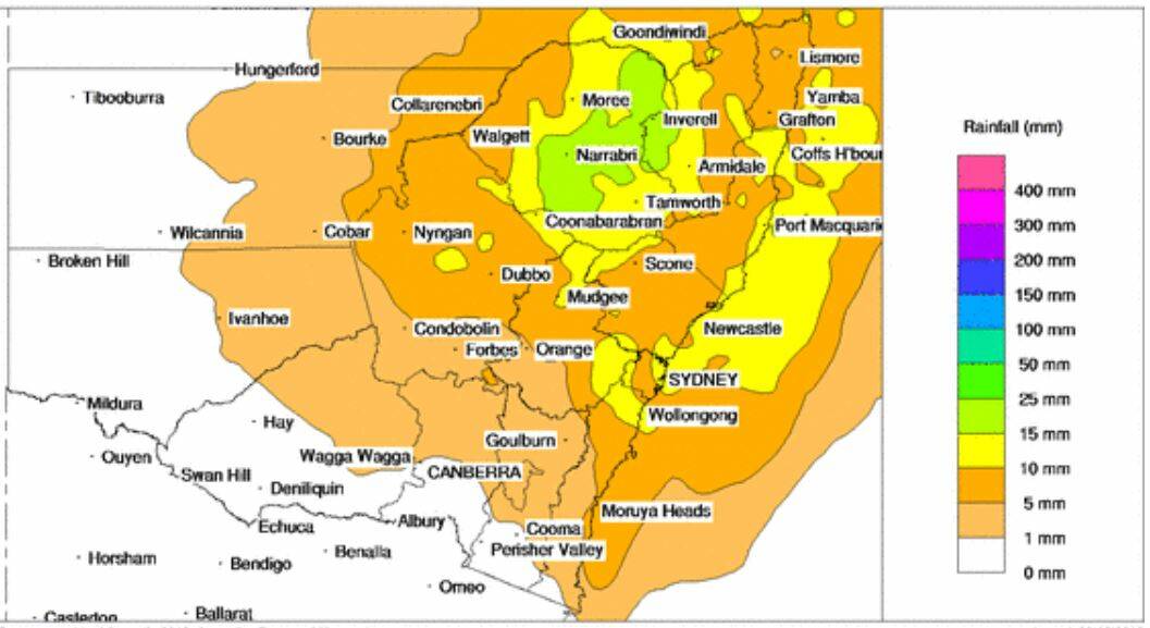 HOPEFUL: The bureau's rainfall forecast map shows up to 25mm could fall on Saturday alone. 