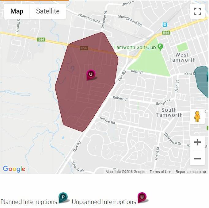 The short interruption affected a large part of West Tamworth, depicted here in Essential Energy's power outages web page.