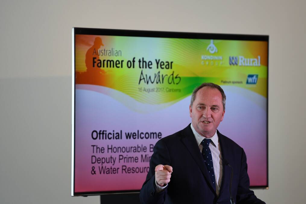 CELEBRATE SUCCESS: Deputy Prime Minister Barnaby Joyce speaks during the Australian Farmer of the Year awards ceremony at Parliament House in Canberra on Wednesday. Photo: AAP Image/Lukas Coch