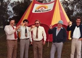 Rene Bonomo, Kevin Lane, Malcolm Colless, James Crown and Ian Thompson, in front of a Leader-branded tent, which Mr Colless bought as a marketing exercise and which became a place to connect with people at community events.