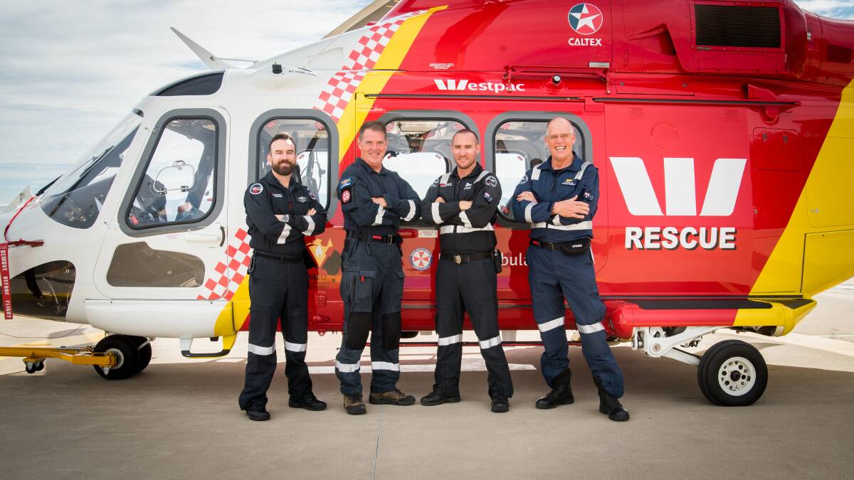 KEEP THEM FLYING: Crew members, pilot Dylan Cross, critical care paramedic Leon Cribb, air crew officer Kirk Kelly and doctor Peter May.

 
